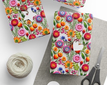 Bold Floral Wrapping Paper 3D Faux Embroidery Beautiful Bright Colored Flowers Gift Wrap Paper for Her Impress with High End Sophistication