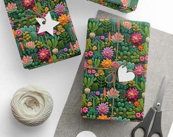 Lovely Cacti and Succents Wrapping Paper 3D Faux Embroidery Beautiful Bright Cactus Gift Wrap Paper Impress with High End Sophistication
