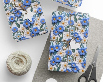 Elegant Floral Wrapping Paper 3D Faux Embroidery Beautiful Blue Pastel Flowers Gift Wrap Paper for Her Impress with Luxury & Sophistication