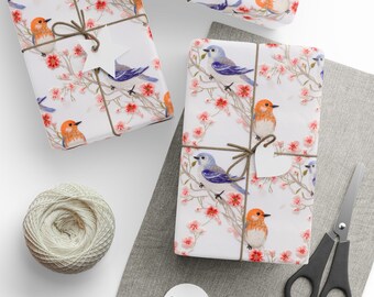 Pretty Birds Wrapping Paper 3D Faux Embroidery Lovely Little Birds on Blossoming Branches Gift Wrap Paper Beautiful Nature Wrapping Paper