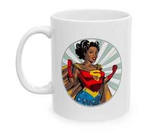 Vintage Superhero Mother's Day Ceramic Mug (11oz) Black Supermom Coffee Mug for Mothers Day Great Gift for African American Super Mom Mug