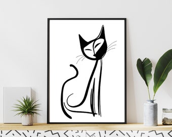 Black and White Cat Digital Download Printable Cat Artwork Dorm Room Home Decor Art Print Cat Line Art Minimal Cat Print Abstract Cat Art