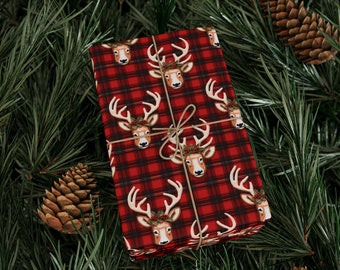 Reindeer Plaid Wrapping Paper Vintage Holiday Gift Wrap 3D Style Christmas Gift Wrap Christmas Wrapping Red Plaid Paper Reindeer Gift Paper