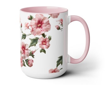 Beautiful Pink Flower Coffee Mug Faux 3d Stump Embroidery Look Pink Floral Ceramic Mug for Her Two-Tone Coffee Mug 15oz Mother's Day Gift