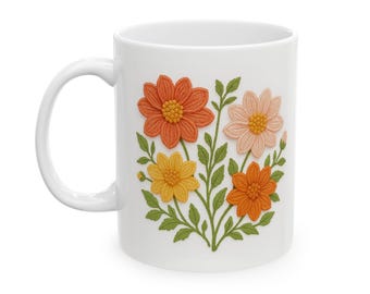Unique Faux Embroidered Floral Ceramic Mug Mother's Day Gift 3D Flower Tea Cup Bright Coffee Mug Pink Yellow Orange Cup Unique Gift for Her
