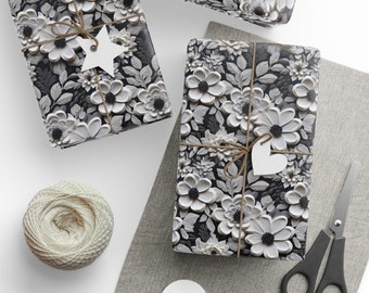 Opulent Floral Wrapping Paper 3D Faux Embroidery Lovely Black and White Flowers Gift Wrap Paper for Her Impress with Luxury & Sophistication