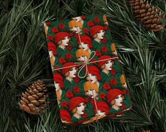 Christmas Flappers 1920's Wrapping Paper Vintage Holiday Gift Wrap Faux Embroidered Fun Christmas Gift Wrap Roaring 20's Christmas Wrapping