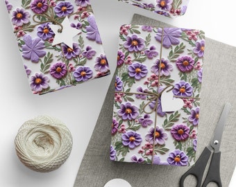 Opulent Floral Wrapping Paper 3D Faux Embroidery Pretty Purple Pastel Flowers Gift Wrap Paper for Her Impress with Luxury & Sophistication