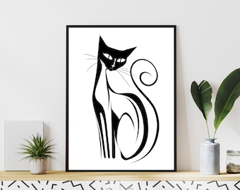 Black and White Cat Digital Download Printable Cat Artwork Dorm Room Home Decor Art Print Cat Line Art Minimal Cat Print Abstract Cat Art