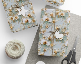 White and Blue Orchid Floral Wrapping Paper 3D Faux Embroidery Beautiful Bright Colored Flowers Gift Wrap Paper Impress with Sophistication
