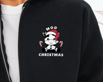 Moo Christmas Embroidered Zip Up Hoodie, Cute Cow Christmas Hoodie, Funny Farm Animal Holiday Sweatshirt, Cozy Christmas Gift for Cow Lovers