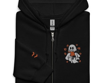 Spooky Ghost Zip Hoodie, Halloween Hoodie, Cute Ghost Sweatshirt, Cozy Fall Zip Up Jacket, Spooky Season Apparel