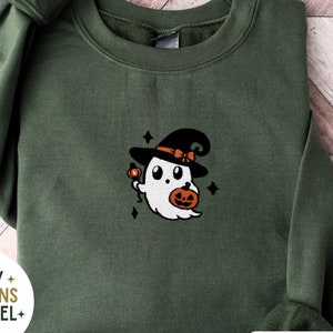 Felpa ricamata di Halloween, felpa con motivo fantasma di Halloween, felpa ricamata di Halloween, girocollo con motivo strega fantasma, maglione autunnale da donna