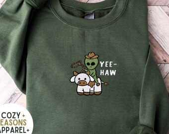 Funny Alien Cowboy Embroidered Sweatshirt, Western UFO Crewneck, Yee Haw Sweatshirt, Cute Cow Print Sweatshirt Gift