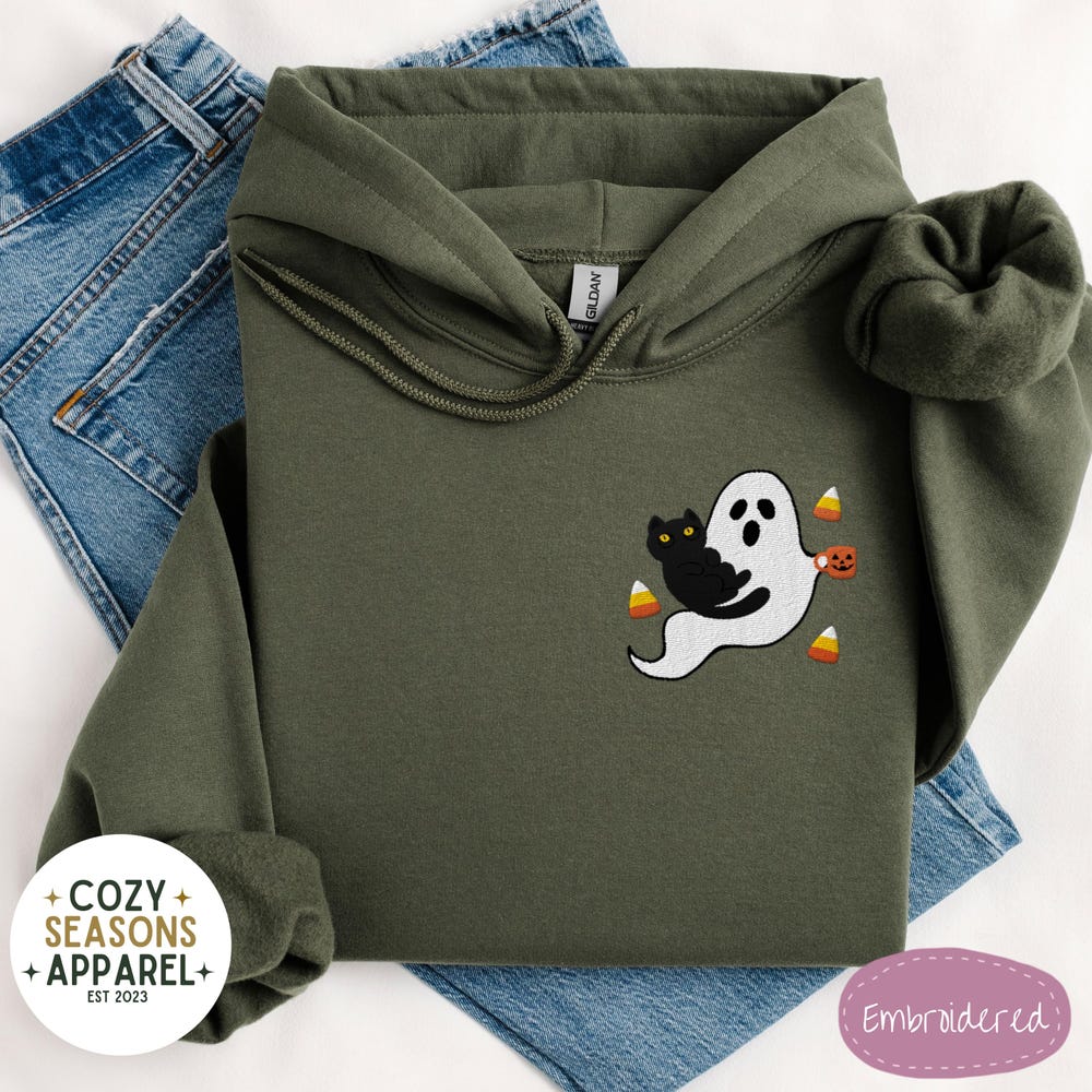 Embroidered Halloween Hoodie, Halloween Cat Hoodie, Halloween Ghost Hoodie, Cat Lover Gift, Halloween Gift, Halloween Crewneck Czysa-03/25 New Hoodies