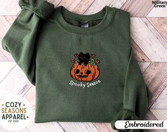 Spooky Season Sweatshirt, Embroidered Black Cat Crewneck, Cute Pumpkin Pullover, Halloween Cat Sweater, Retro Fall Apparel, Cozy Autumn Gift