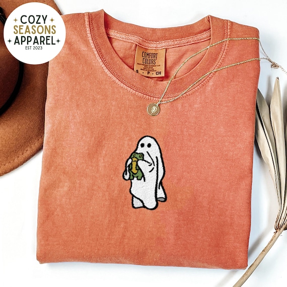 Cute Ghost Holding Toad Shirt, Embroidered Halloween Tee, Spooky Season Shirt, Cottagecore Ghost Tee, Fall Gift