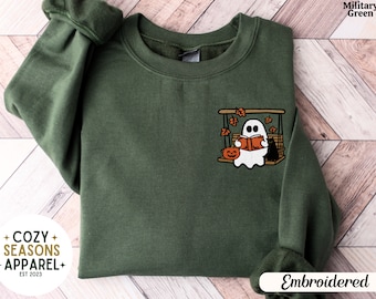 Cute Ghost Embroidered Sweatshirt, Fall Ghost Crewneck, Cozy Halloween Pullover, Spooky Season Sweatshirt