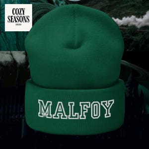 Dark Academia Knit Beanie, Green Varsity Winter Hat, Cozy Aesthetic Skull Cap, Embroidered Gothic Style Beanie