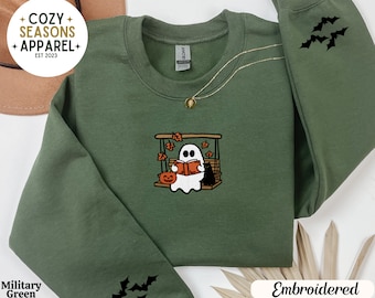 Spooky Bookish Embroidered Crewneck Sweatshirt, Ghost Reading on Porch Swing, Fall Book Lover Gift, Cozy Autumn Sweater