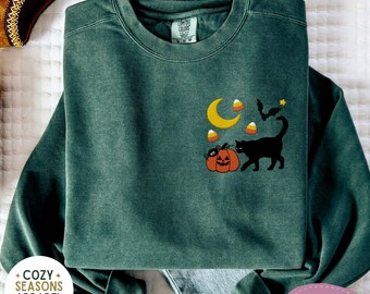 Halloween Cat Sweatshirt, Embroidered Comfort Colors Crewneck