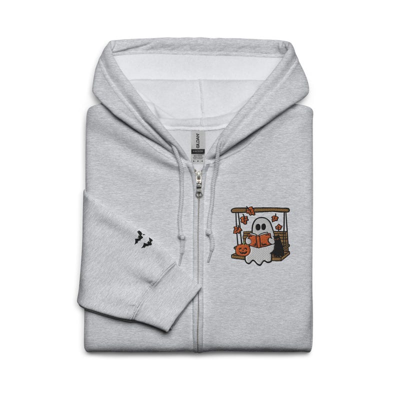 Embroidered Ghost Sitting on Porch Swing with Black Cat Fall Halloween Zip Up Hoodie