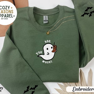 Felpa girocollo ricamata di Halloween, felpa da donna di Halloween, felpa con fantasma di Halloween, regali spettrali, felpa spettrale, felpa con maniche a pipistrello