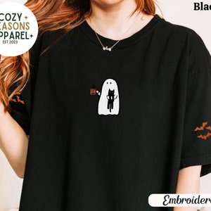 Comfort Colors Halloween Embroidered Cat Shirt, Halloween Ghost Shirt, Cat Lovers Gift, Cat Lovers, Halloween Shirt, Cat Mom Gift, Cat Gifts