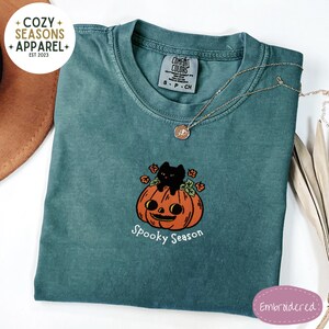 Halloween Comfort Colors® Embroidered Cat Shirt, Cat Lovers gift, Womens Fall Shirts, Cat Mom Gifts, Cat Lover Gift, Halloween Cats Gifts
