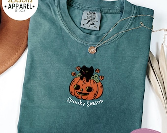 Haftowana koszulka z kotem na Halloween, wygodna, jesienna koszulka