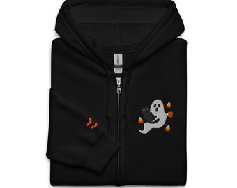Unisex Embroidered Ghost Holding Black Cat with Bat Sleeves Halloween Zip Hoodie