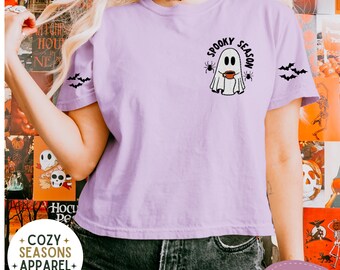 Embroidered Ghost Coffee Halloween Comfort Colors Tee, Spooky Season Apparel