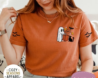 Embroidered Comfort Colors Halloween Shirt, Ghost Trick or Treat, Cat Shirt