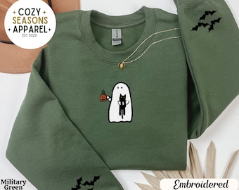 Cute Ghost Cat Embroidered Sweatshirt, Spooky Season Crewneck, Minimal Halloween Pullover, Cozy Fall Sweatshirt
