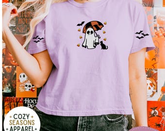 Cute Halloween Ghost w/ Umbrella Raining Candy Corn Cute Black Cat Boxy Tee Bat Sleeves, Fall Comfort Colors Crop, Embroidered for Women