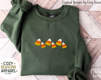 Candy Corn Embroidered Sweatshirt, Halloween Crewneck, Cozy Fall Sweatshirt, Minimalist Autumn Sweater, Cute Pullover, Spooky Season