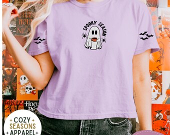 Halloween Ghost Drinking Coffee Boxy Tee with Bat Sleeves, Comfort Colors Halloween Tee, Embroidered Tees for Women, Fall Halloween Crop