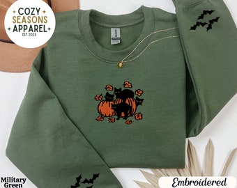 Embroidered Halloween Sweatshirt, Cats and Pumpkins Design