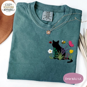 Embroidered Black Cat Cottagecore Shirt, Cute Cat comfort colors shirt, Wildflower botanical, Gift for Cat lover, Gift for Cat mom Daughter