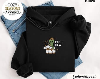 Funny Alien Cowboy Embroidered Hoodie, Yee Haw Alien Sweatshirt, Cute Western Alien Hoodie, Cowboy UFO Pullover, Funny Halloween Sweatshirt