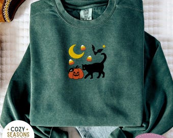 Halloween Cat Sweatshirt, Comfort Colors Embroidered Crewneck