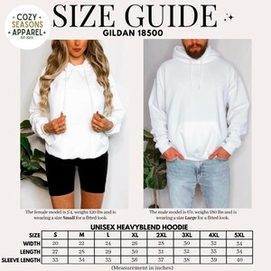 Peut inclure: Guide des tailles pour sweat &agrave; capuche unisexe blanc. Le guide comprend des mesures en pouces pour les tailles S &agrave; 5XL. Le mannequin f&eacute;minin mesure 1,63 m et porte du Small. Le mannequin masculin mesure 1,83 m et porte du Large. Marque Cozy Seasons + Apparel.