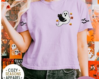 Haftowana koszulka z motywem ducha kota Summerween Comfort Colors, jesienna koszulka na Halloween