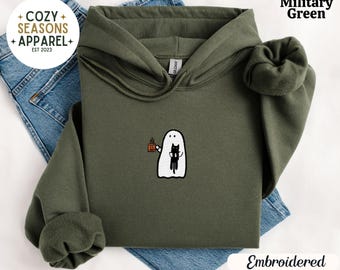 Embroidered Ghost Hoodie, Halloween Cat Sweatshirt, Coffee Lover Gift