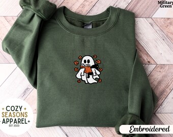 Embroidered Ghost Reading Sweatshirt, Cozy Fall Sweatshirt, Autumn Book Lover Gift, Cute Spooky Season Crewneck