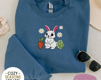 Embroidered Bunny Sweatshirt, Cute Easter Rabbit Crewneck, Cottagecore Flower Pullover, Whimsical Garden Sweater, Cozy Spring Gift for Her