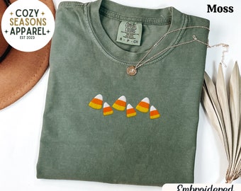 Candy Corn Embroidered Shirt, Halloween Minimalist Tee, Fall Embroidered Sweatshirt, Spooky Season Apparel, Cute Autumn Graphic Tee