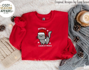 Sweat-shirt brodé chat de Noël, col rond de Noël miaou