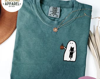 Embroidered Halloween Cat Ghost Comfort Colors Shirt