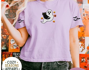 Haftowana koszulka Summerween Ghost Comfort Colors, koszulka z kotem na Halloween